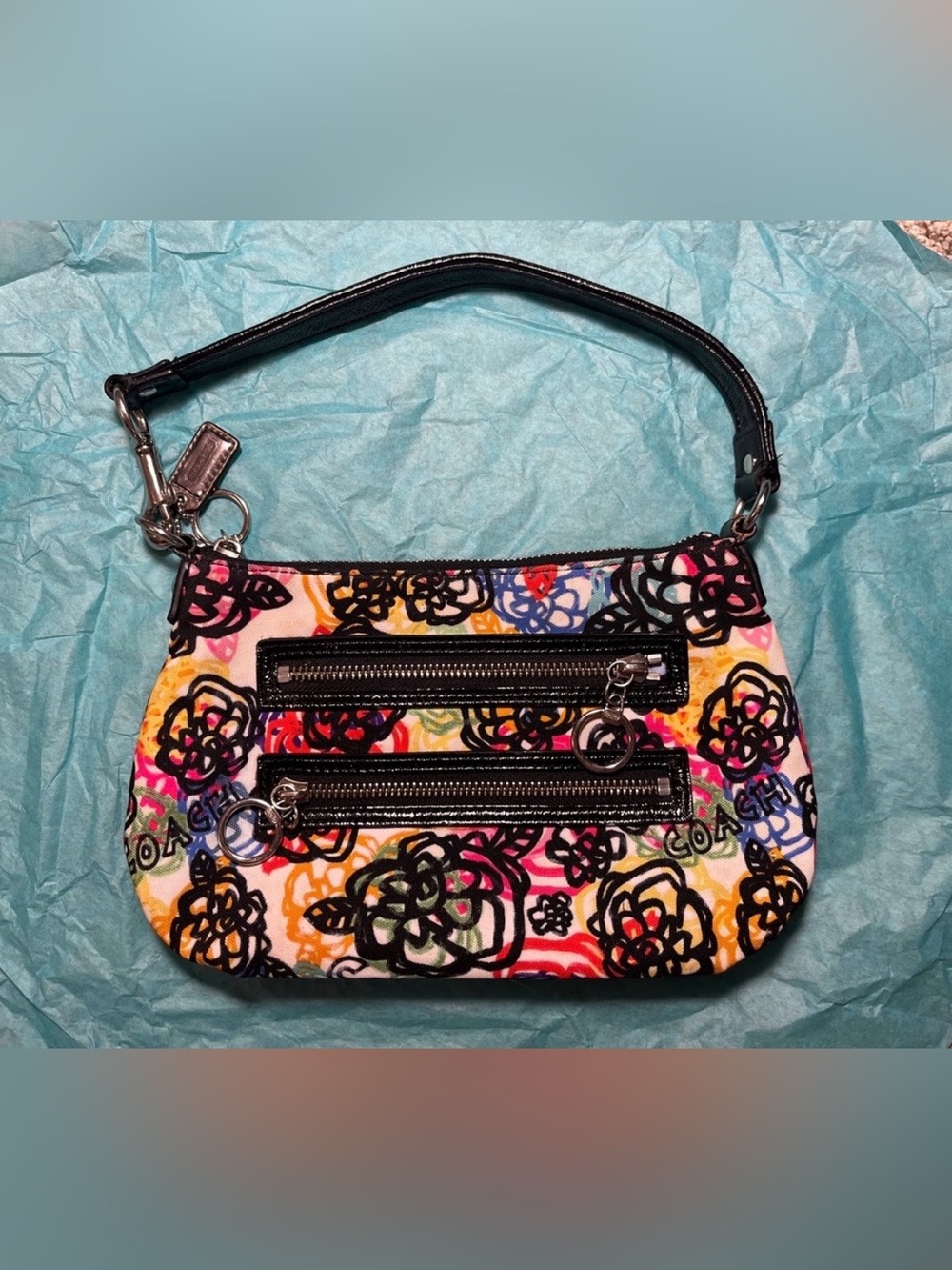 RARE Coach Multicolor Floral Graffiti Shoulder Bag with Black Trim